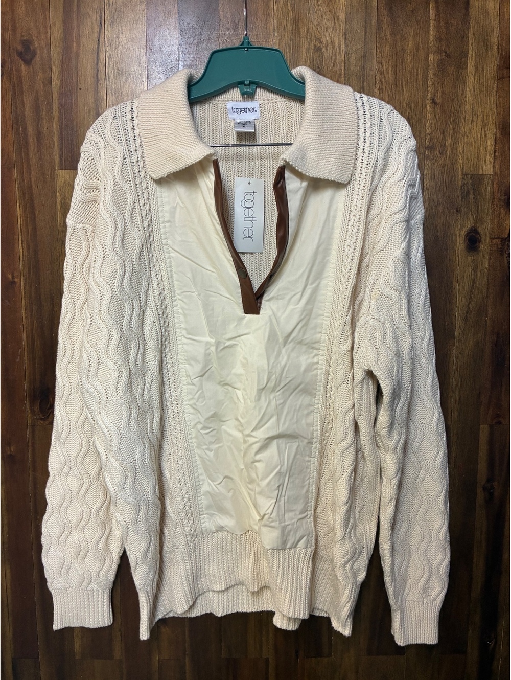 Together XL Cream Cable Knit Sweater Faux Leather Quiet Luxury Coastal Preppy